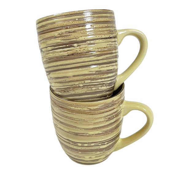 2 Thomson Pottery BIRCH Mugs Textured Striped Farmhouse Rustic Yellow Brown - Picture 1 of 12